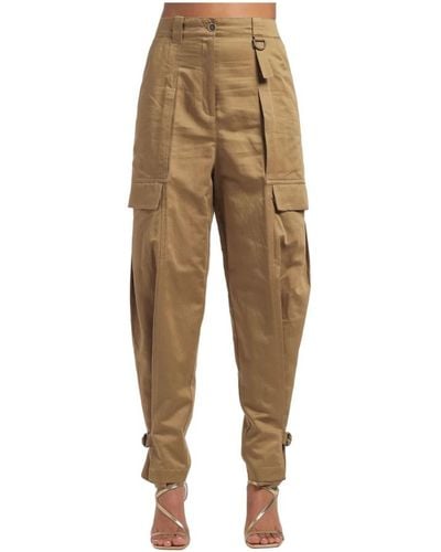 Semicouture Pantalone cargo in cotone e lino con cinturini regolabili sul fondo - Neutro