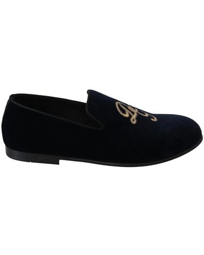 Dolce & Gabbana Blue Velvet Gold Logo Slipper Loafers Shoes - Black