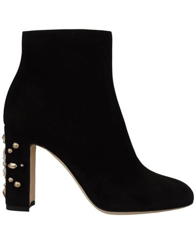 Dolce & Gabbana Suede Leather Crystal Heels Boots Shoes - Black