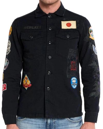 Replay Overshirt con stampa e patch - Nero