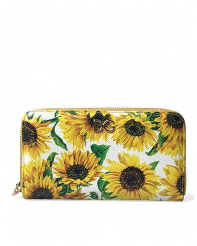Dolce & Gabbana White Sunflower Leather Dg Zip Around Continental Wallet - Yellow