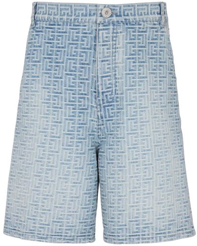 Balmain Monogrammed Straight-cut Denim Shorts - Blue