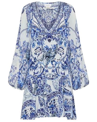 Camilla Seidenkleid mit v-ausschnitt und blousonärmel - Blau
