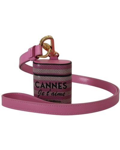 Dolce & Gabbana Custodia airpods in pelle rosa e nera con cinturino e logo in metallo dorato - Viola