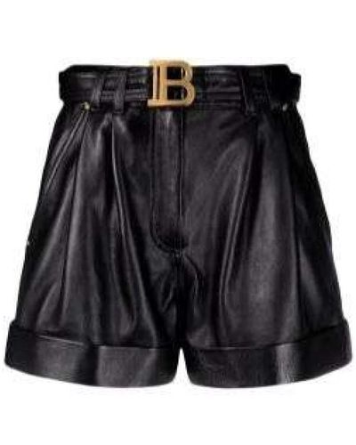 Balmain Leder-shorts mit logo-schnalle und goldfarbener hardware - Schwarz