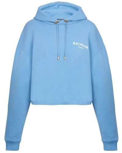 Balmain Kurzes Sweatshirt Öko-Design aus Baumwolle mit beflocktem Logo - Blau