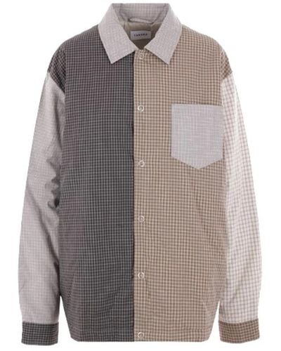 Tanaka Chaqueta-camisa oversize de algodón a cuadros con placa de logo - Gris