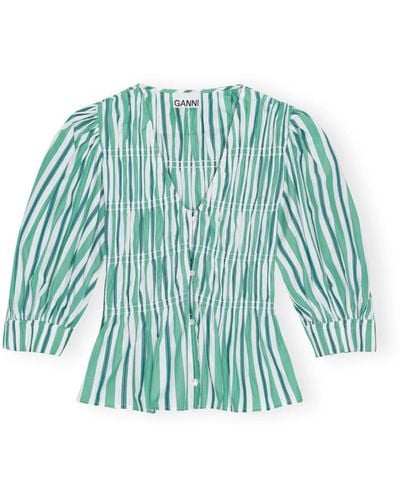 Ganni Grüne gestreifte baumwoll-v-ausschnitt bluse