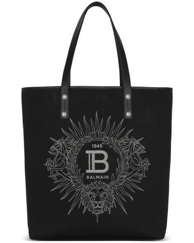 Balmain Varsity Tote Bag In Monogram Canvas And Leather - Black