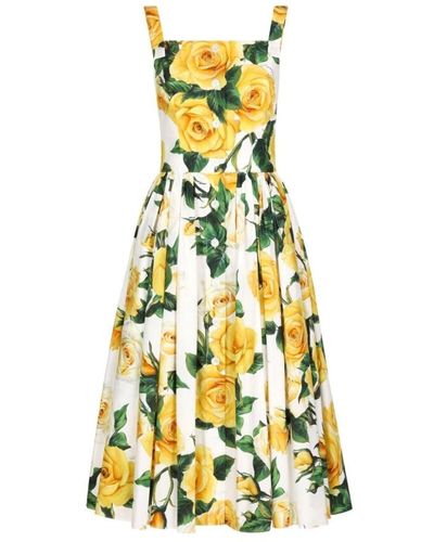 Dolce & Gabbana Pleated Button-embellished Floral-print Cotton-poplin Midi Dress - Yellow