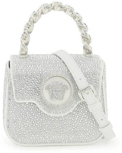 Versace Kristallbesetzte medusa satin handtasche - Weiß