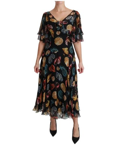 Dolce & Gabbana Sea Shells Maxi A-Linien Midi Seidenkleid - Schwarz