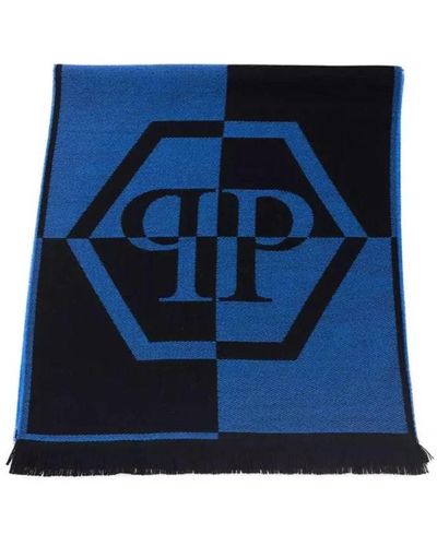 Philipp Plein Eleganter fringed logo schal blau
