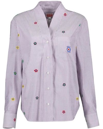 KENZO Camicia in cotone a righe con logo ricamato - Viola