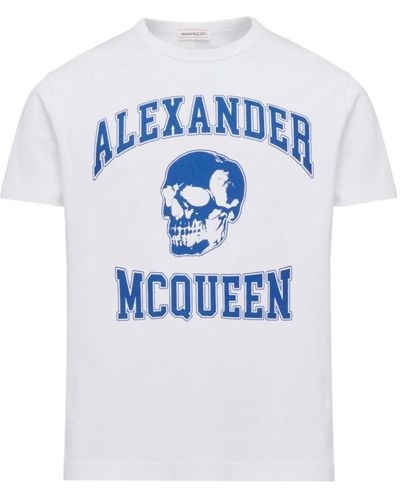 Alexander McQueen Weiße baumwoll-t-shirt mit skull logo - Blau