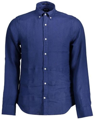 GANT Camicia slim in lino blu con ricamo