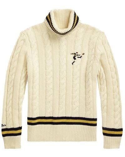 Ralph Lauren Cable knit wollmischung rollkragenpullover mit rugby player stickerei - Natur