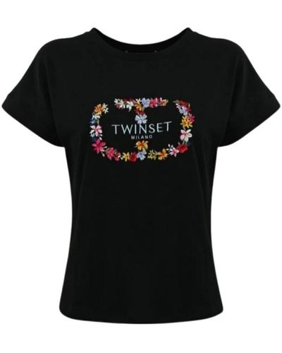 Twin Set Blumenbestickte t-shirts und polos - Schwarz