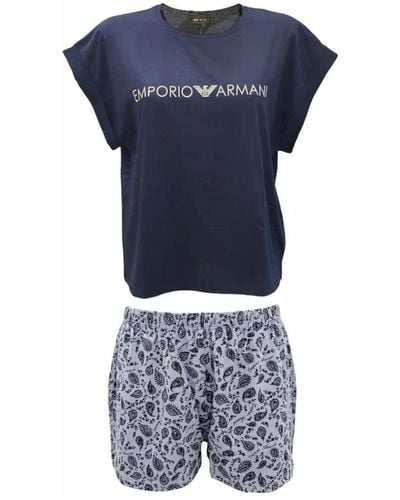 Emporio Armani Pigiama fantasia con camicia e pantaloncini - Blu