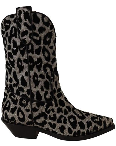 Dolce & Gabbana Stivali cowboy leopardati - nero e grigio