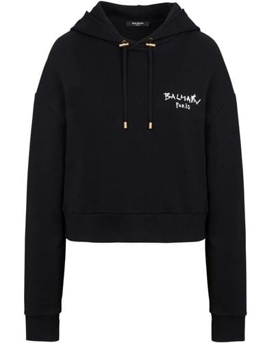 Balmain Cropped-sweatshirt aus bio-baumwolle mit geflocktem -graffiti-logo - Schwarz