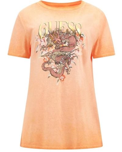 Guess T-shirt slim fit con motivo drago - Arancione