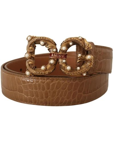 Dolce & Gabbana Elegant Croco Leather Amore Belt With Pearls - Brown