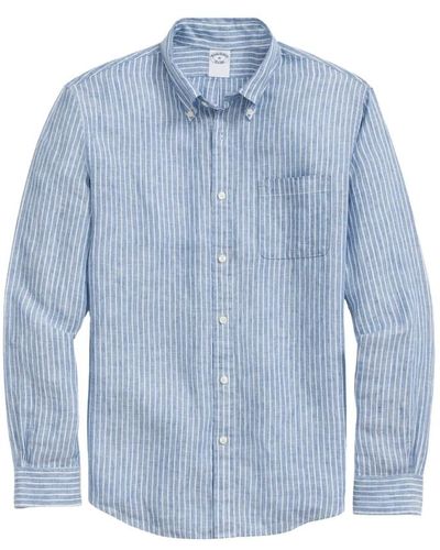 Brooks Brothers Blau weiß gestreiftes regular fit leinen-sportshirt mit button-down-kragen