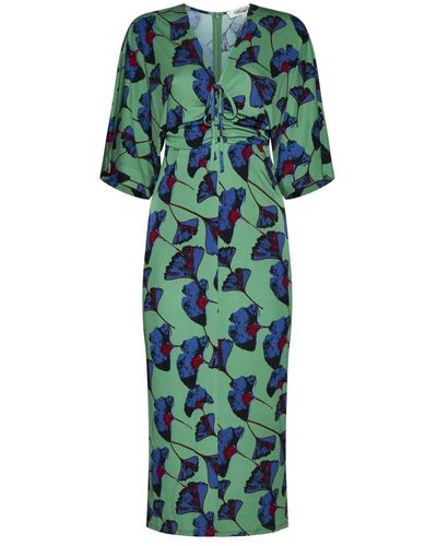 Diane von Furstenberg Blumenmuster gerafftes v-ausschnitt kleid - Grün