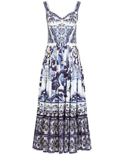 Dolce & Gabbana Bustier Long Dress In Majolica Print Poplin - Blue