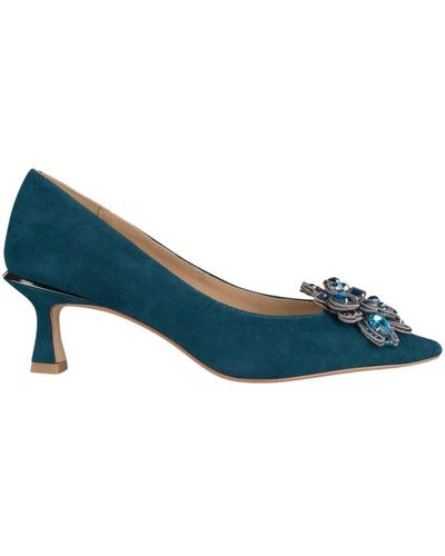 Alma En Pena. Zapatos de tacón de piel con punta afilada y adorno floral - Azul
