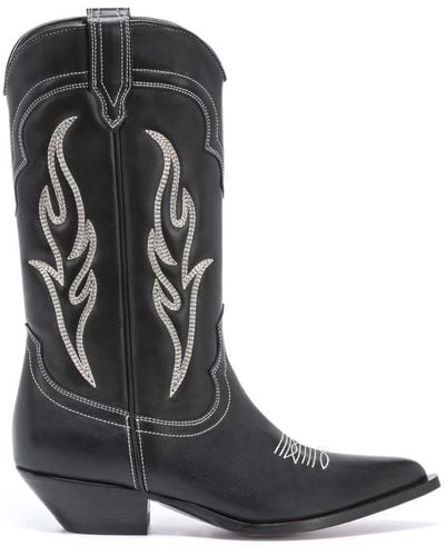 Sonora Boots Botas de vaquero de piel de becerro negro con bordado blanco