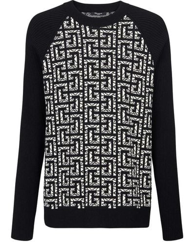 Balmain Marbled Monogram Wool Sweater - Black