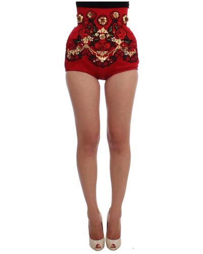 Dolce & Gabbana Shorts de seda con rosas de cristal - Rojo