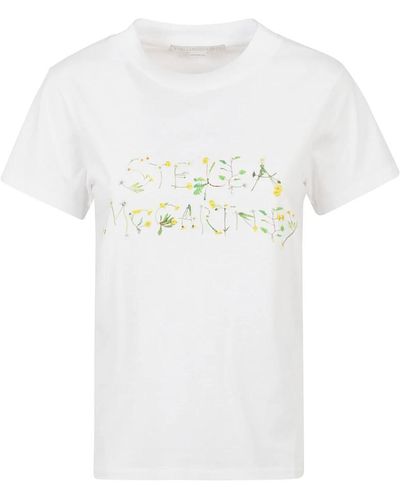 Stella McCartney Camiseta de algodón blanca con estampado de logo y bordado floral - Blanco