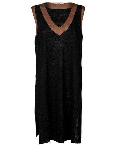 Kangra Vestido de lino tejido sin mangas escote en v - Negro