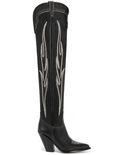 Sonora Boots Botas de cuero de becerro negro por encima de la rodilla con bordado blanco