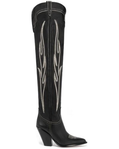 Sonora Boots Schwarze kalbsleder overknee-stiefel mit weißer stickerei