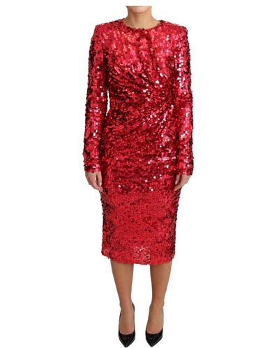 Dolce & Gabbana Sequin sheath long sleeves midi dress - Rosso