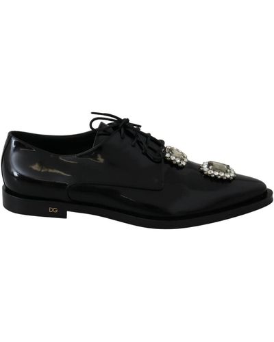 Dolce & Gabbana Chaussures habillées en cuir noir à lacets en cristal