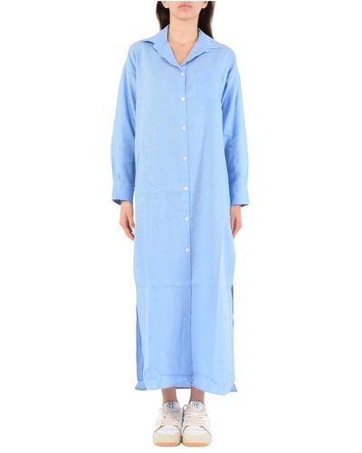 hinnominate Vestido camisero de lino con aberturas laterales - Azul