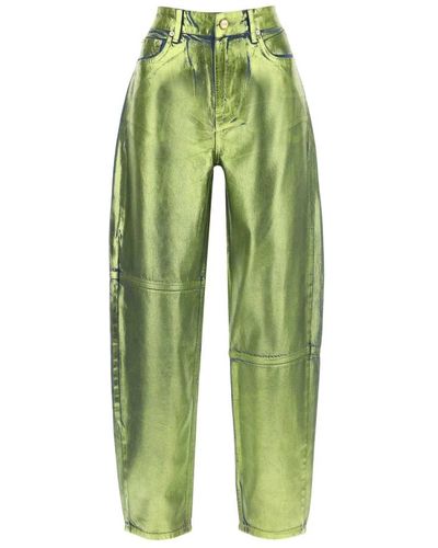 Ganni Jeans a gamba curva in denim laminato - Verde
