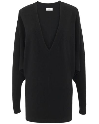 Saint Laurent Vestido de lana negro con cuello en v