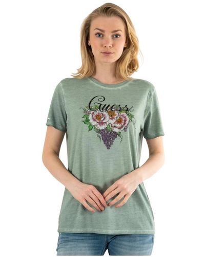 Guess T-shirt in cotone con logo e strass - Verde