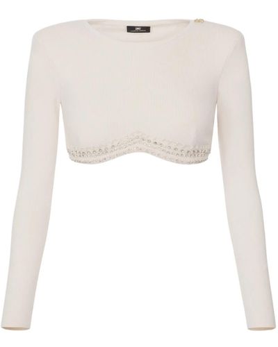 Elisabetta Franchi Luxuriöses cropped top aus wollmischung mit langen ärmeln - Weiß