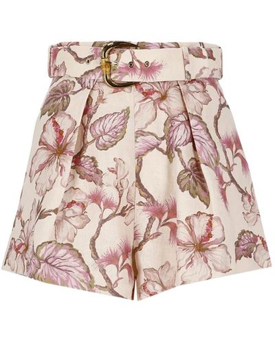 Zimmermann Shorts rosa de lino con estampado floral y cinturón