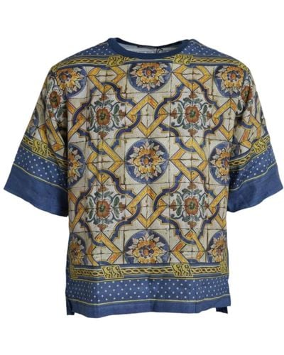 Dolce & Gabbana Majolika print leinen t-shirt - Blau