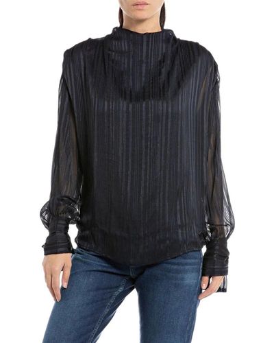 Replay Blusa straight fit a manica lunga - Nero