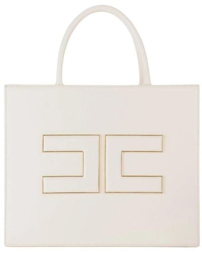 Elisabetta Franchi Synthetische leder shopper tasche mit goldener metall-logo-platte - Weiß