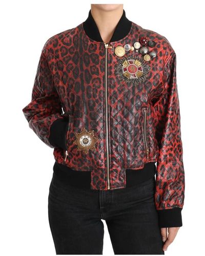 Dolce & Gabbana Rote Kristall-Lederjacke mit Leopardenknöpfen